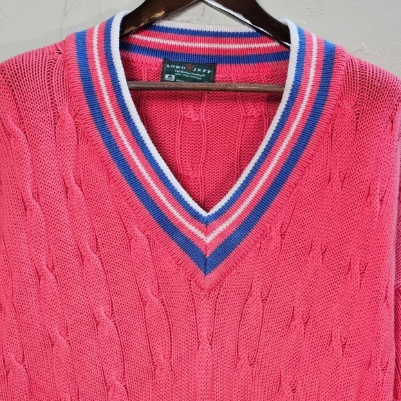 Vintage 80s Lord Jeff Pink Cable Knit Tennis Sweater XL USA Cotton Preppy V-Neck - Picture 8 of 9